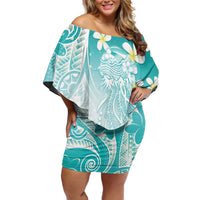 Polynesian Jellyfish Family Matching Off Shoulder Short Dress and Hawaiian Shirt With Plumeria Teal