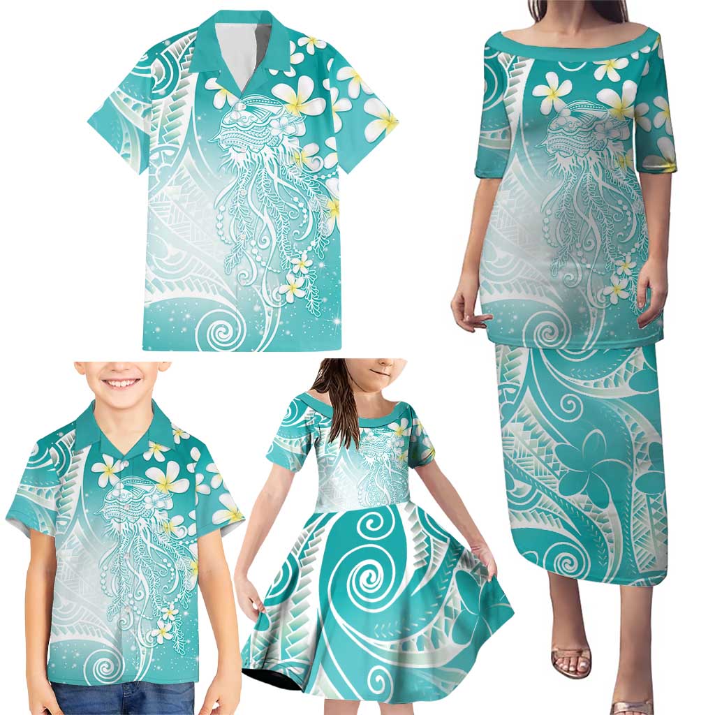 Polynesian Jellyfish Family Matching Puletasi and Hawaiian Shirt With Plumeria Teal