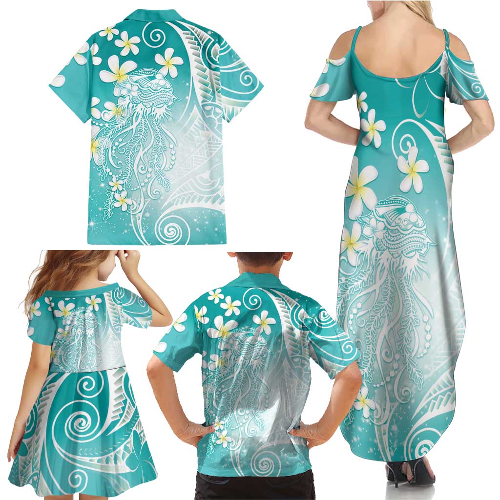 Polynesian Jellyfish Family Matching Summer Maxi Dress and Hawaiian Shirt With Plumeria Teal