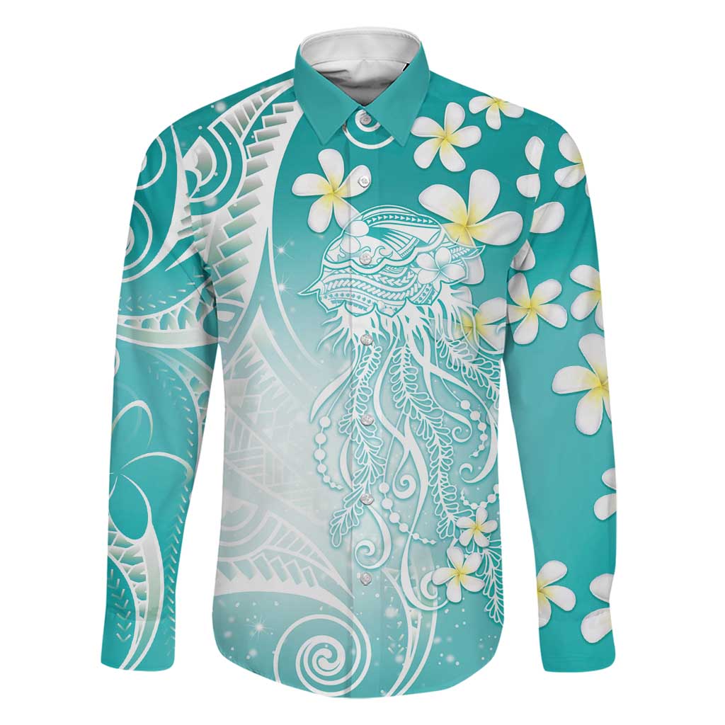 Polynesian Jellyfish Family Matching Summer Maxi Dress and Hawaiian Shirt With Plumeria Teal