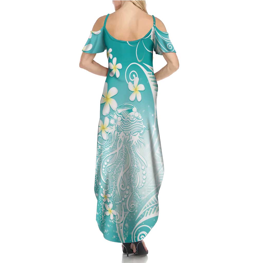 Polynesian Jellyfish Family Matching Summer Maxi Dress and Hawaiian Shirt With Plumeria Teal