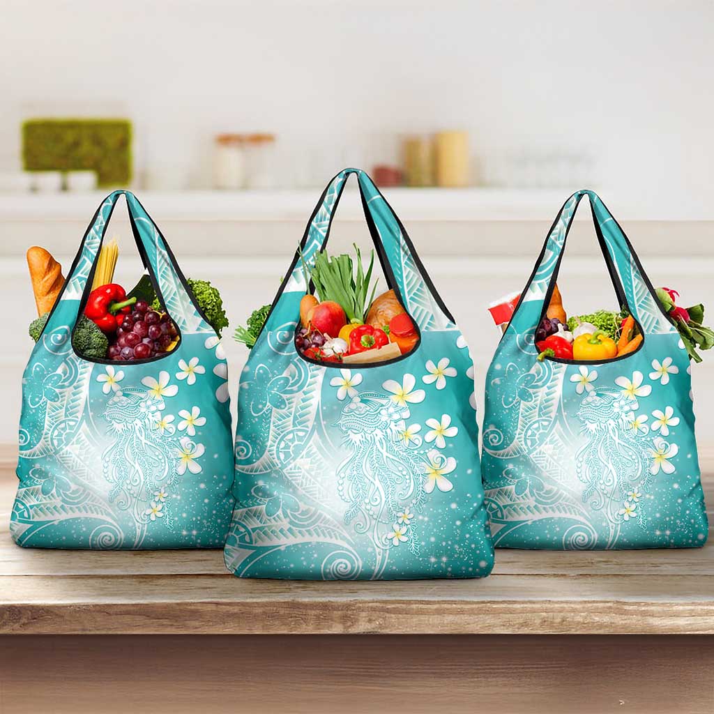 Polynesian Jellyfish Grocery Bag With Plumeria Teal