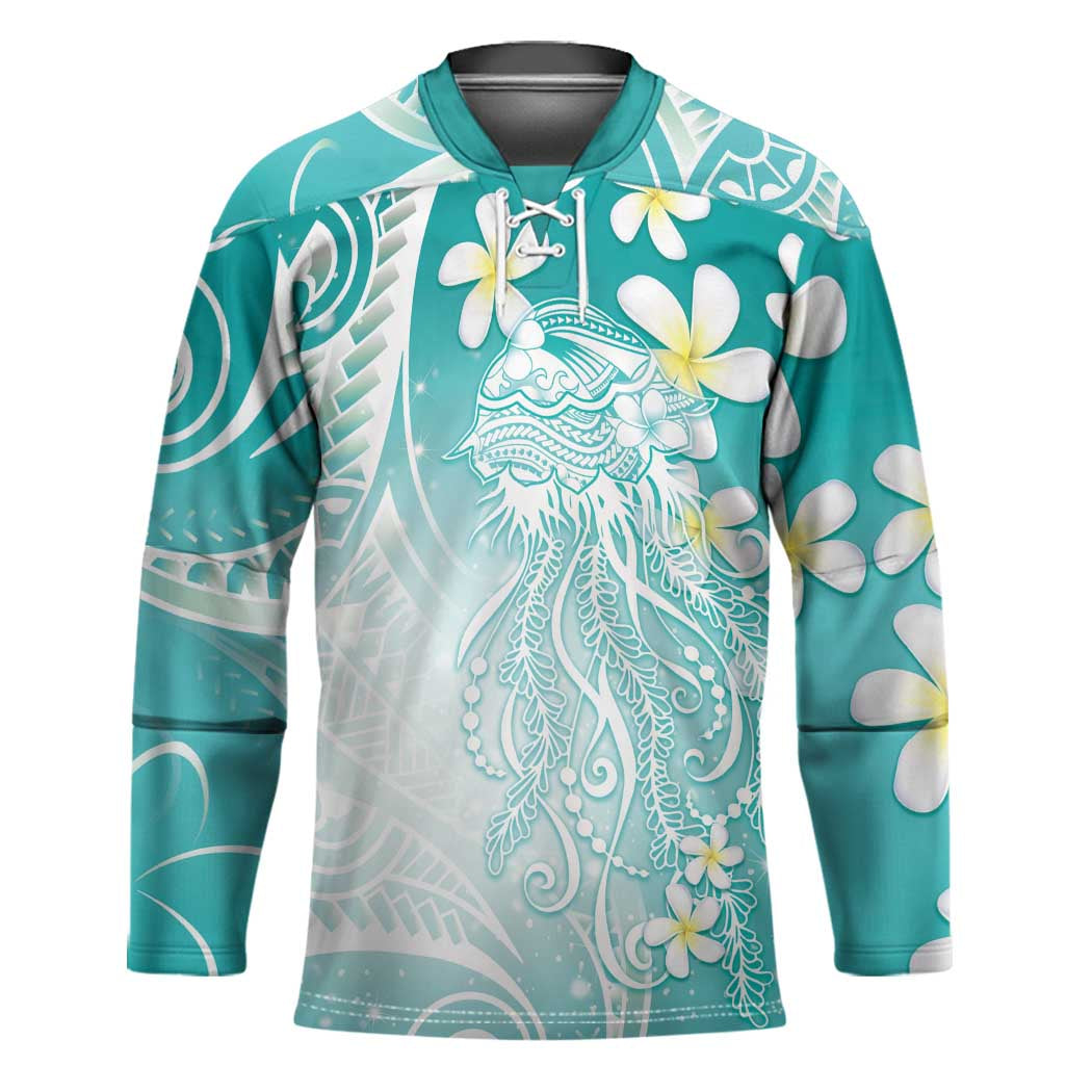 Polynesian Jellyfish Hockey Jersey With Plumeria Teal