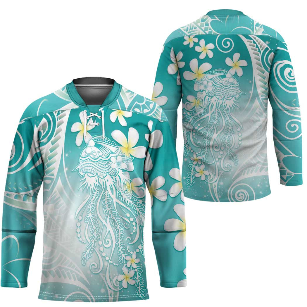 Polynesian Jellyfish Hockey Jersey With Plumeria Teal