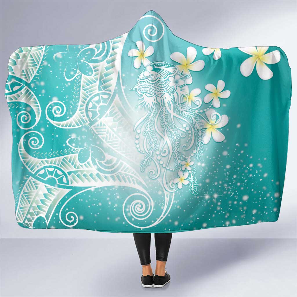 Polynesian Jellyfish Hooded Blanket With Plumeria Teal