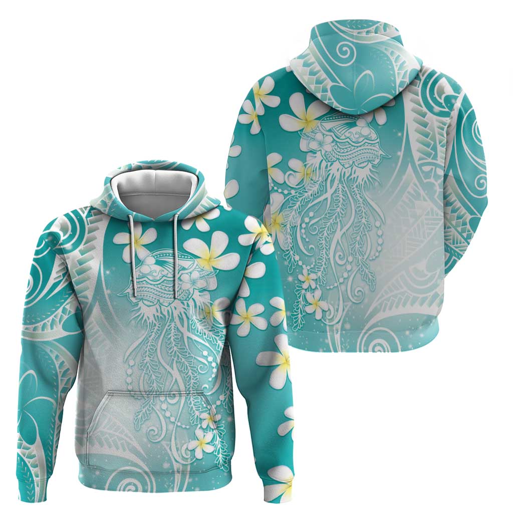 Polynesian Jellyfish Hoodie With Plumeria Teal