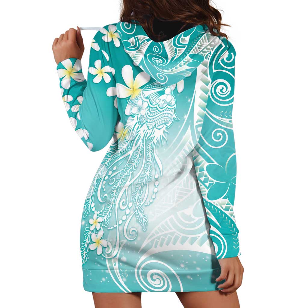 Polynesian Jellyfish Hoodie Dress With Plumeria Teal LT05 - Polynesian Pride