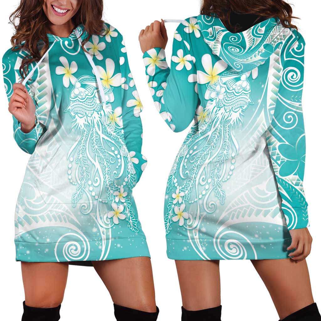 Polynesian Jellyfish Hoodie Dress With Plumeria Teal LT05 - Polynesian Pride