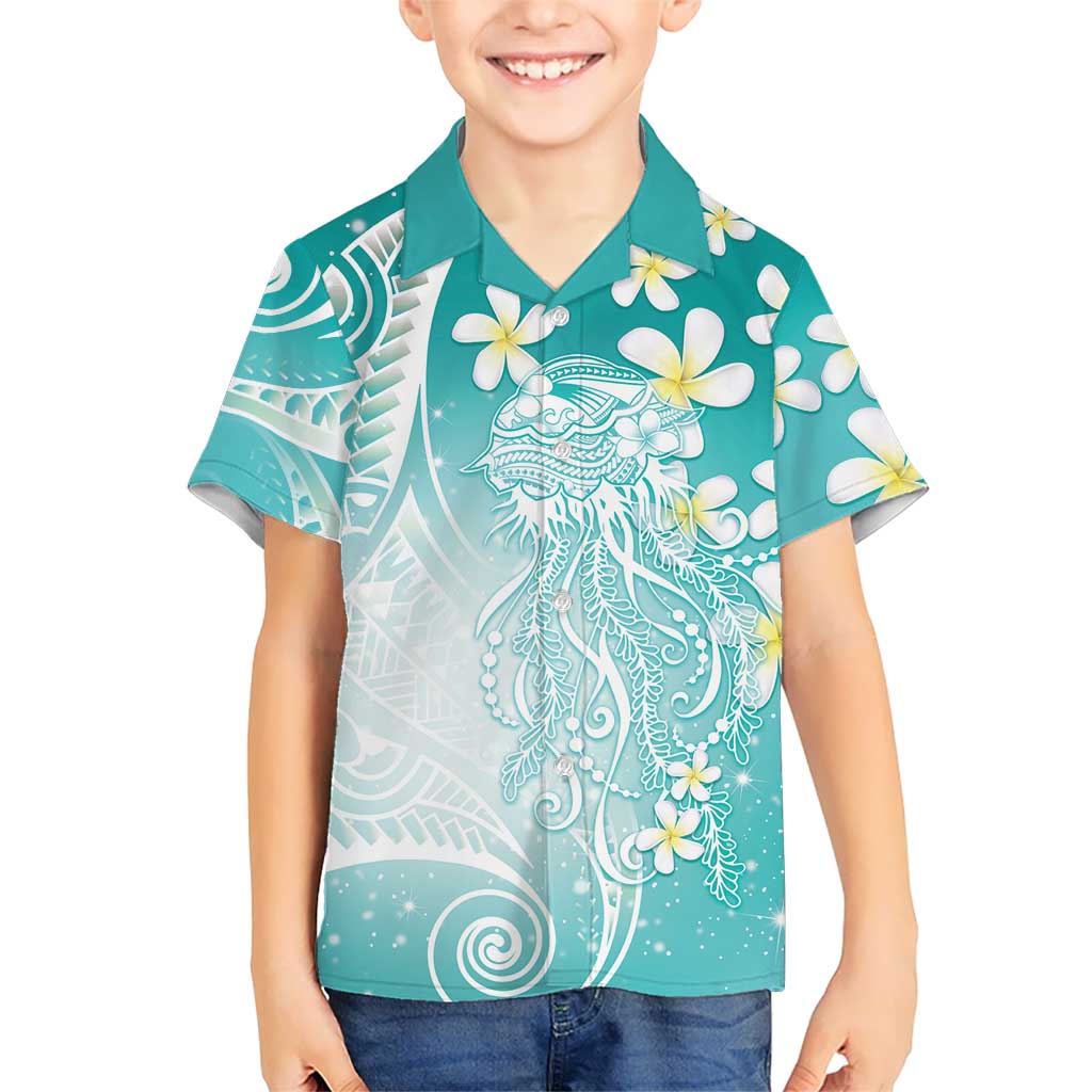 Polynesian Jellyfish Kid Hawaiian Shirt With Plumeria Teal LT05 Kid Teal - Polynesian Pride
