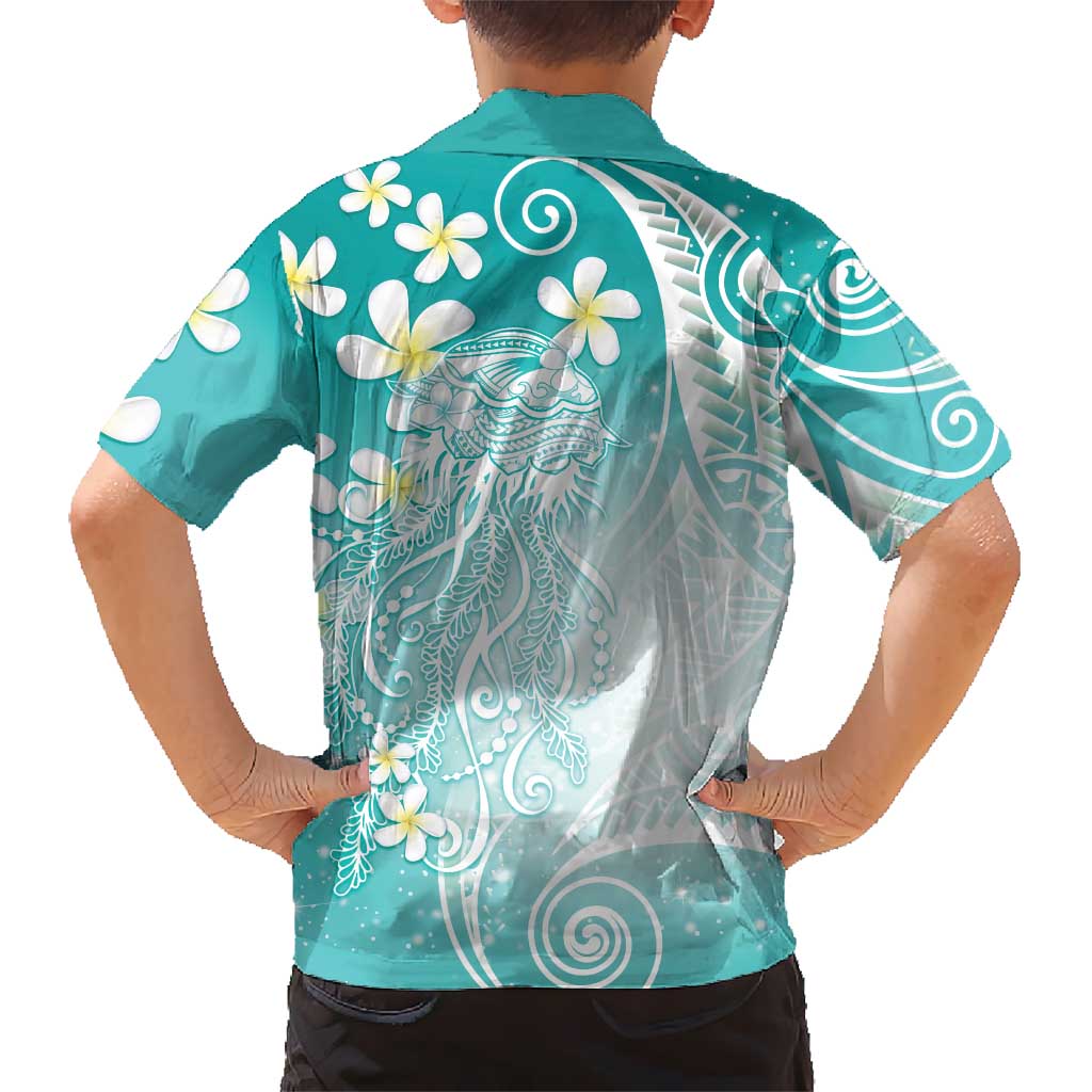 Polynesian Jellyfish Kid Hawaiian Shirt With Plumeria Teal LT05 - Polynesian Pride
