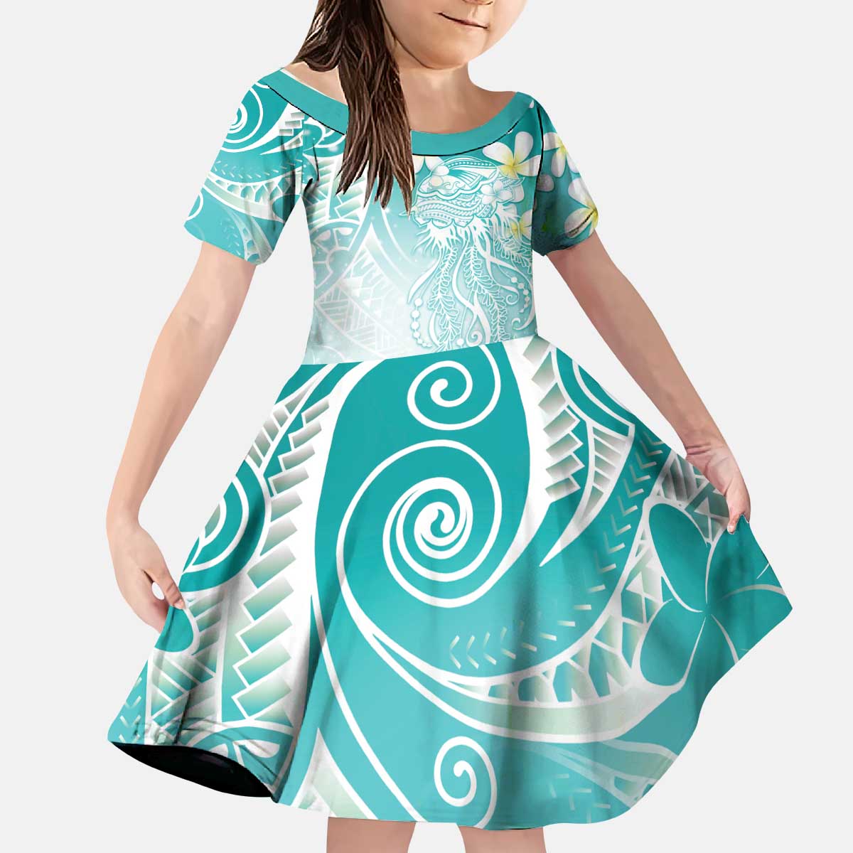 Polynesian Jellyfish Kid Short Sleeve Dress With Plumeria Teal LT05 KID Teal - Polynesian Pride
