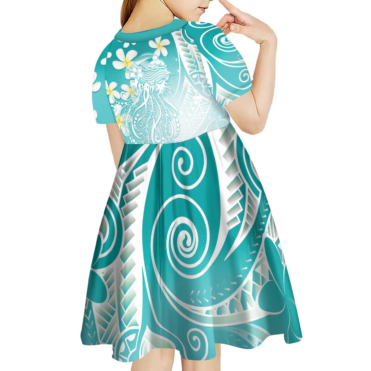 Polynesian Jellyfish Kid Short Sleeve Dress With Plumeria Teal LT05 - Polynesian Pride