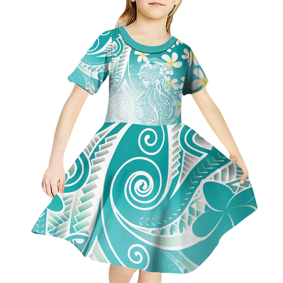Polynesian Jellyfish Kid Short Sleeve Dress With Plumeria Teal LT05 - Polynesian Pride
