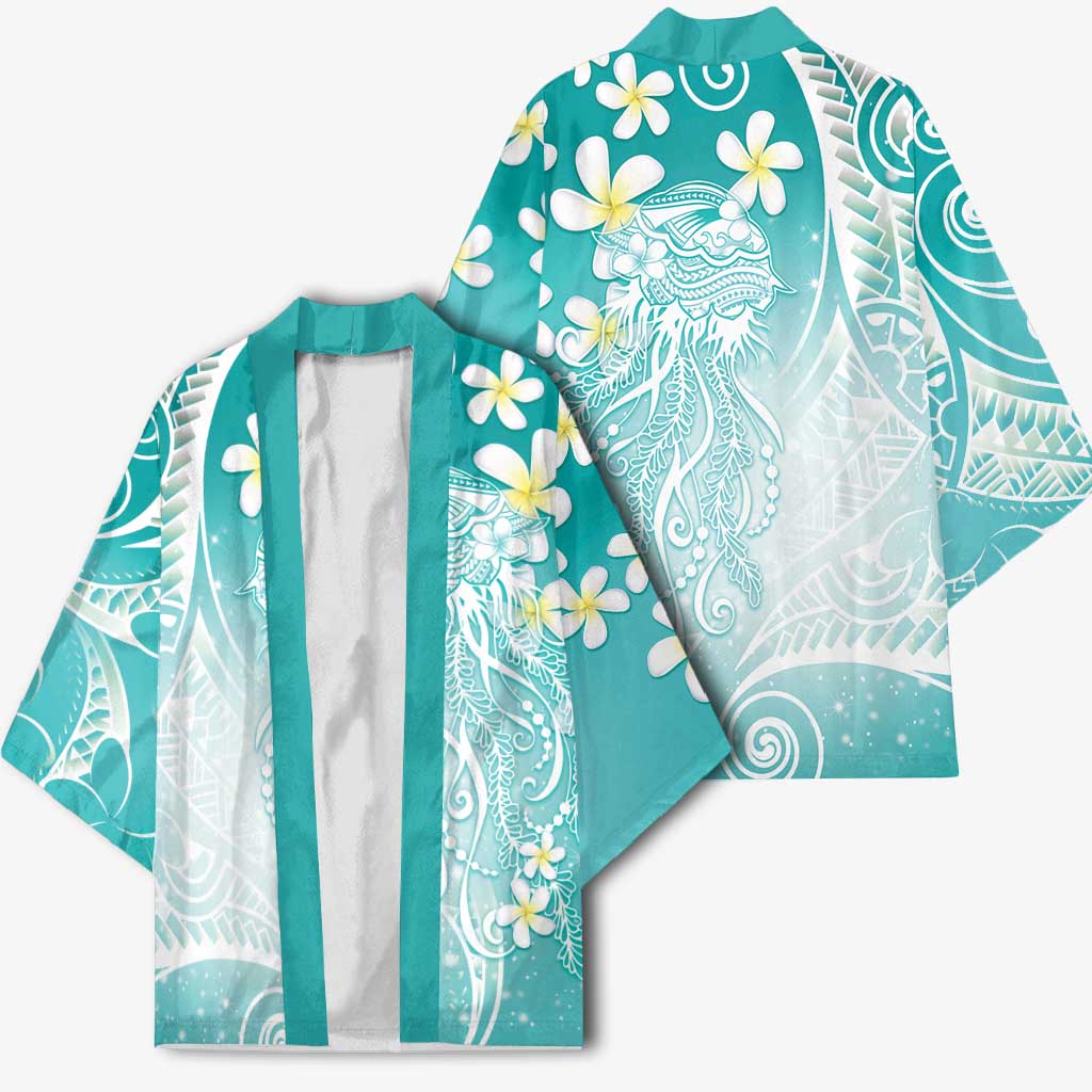 Polynesian Jellyfish Kimono With Plumeria Teal