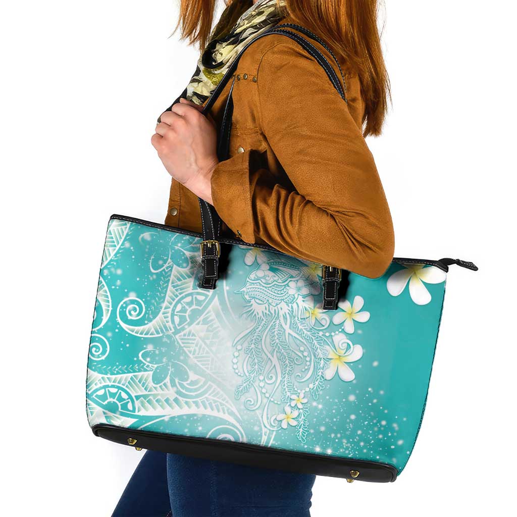Polynesian Jellyfish Leather Tote Bag With Plumeria Teal LT05 Teal - Polynesian Pride