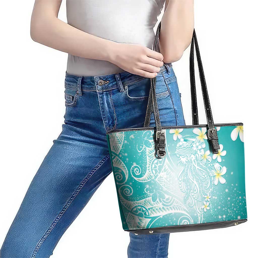 Polynesian Jellyfish Leather Tote Bag With Plumeria Teal LT05 - Polynesian Pride