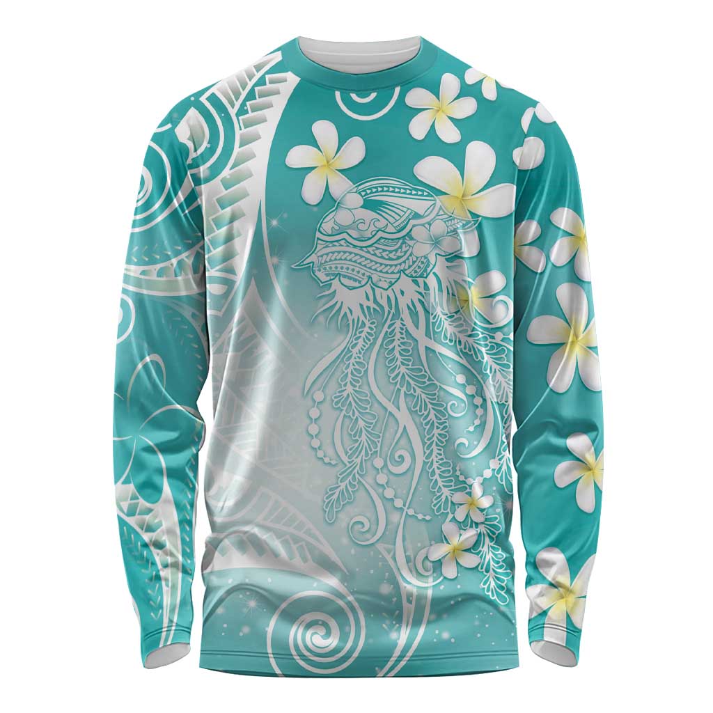 Polynesian Jellyfish Long Sleeve Shirt With Plumeria Teal