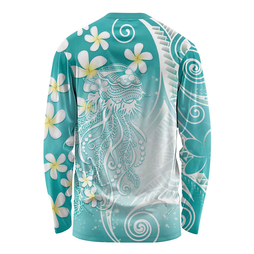 Polynesian Jellyfish Long Sleeve Shirt With Plumeria Teal