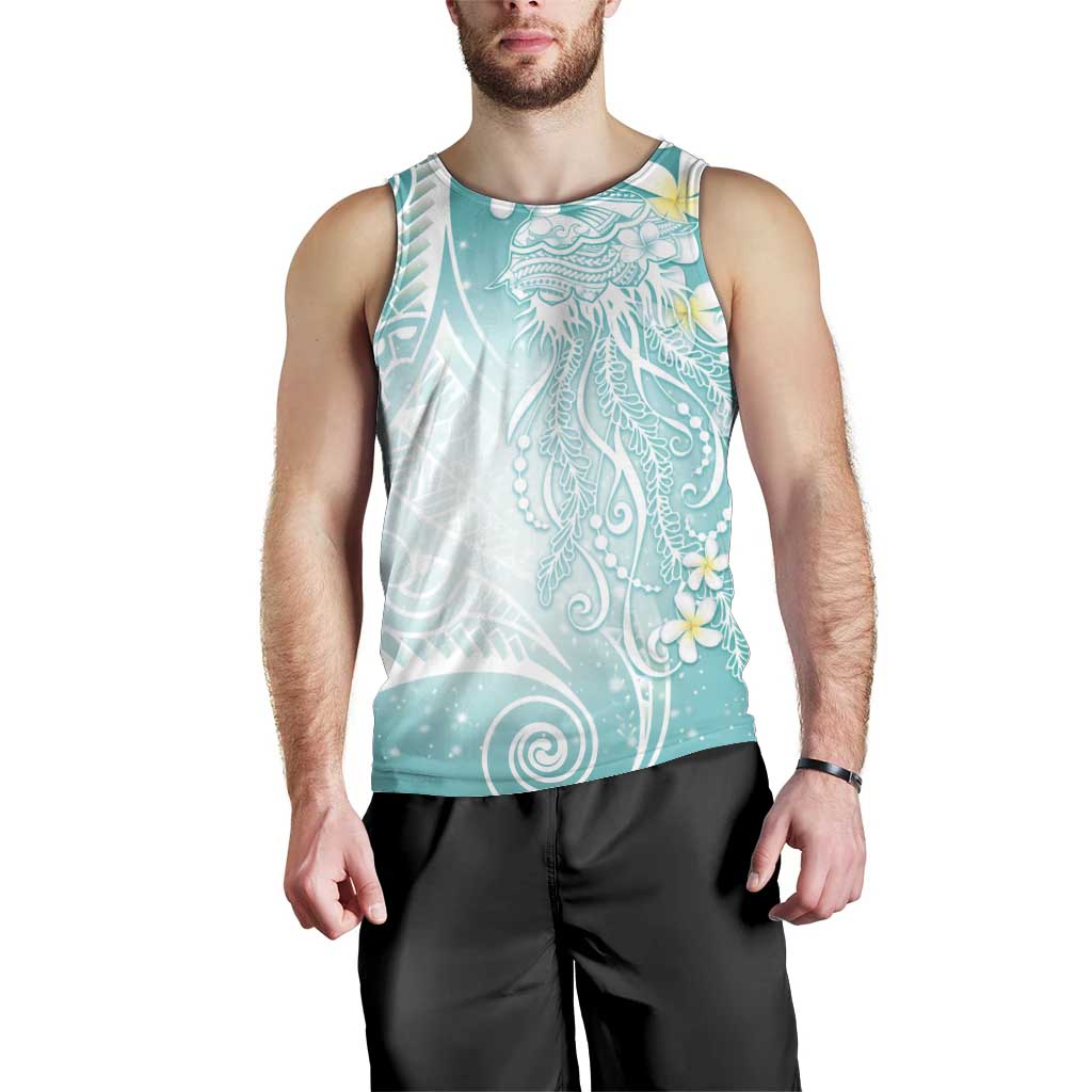 Polynesian Jellyfish Men Tank Top With Plumeria Teal