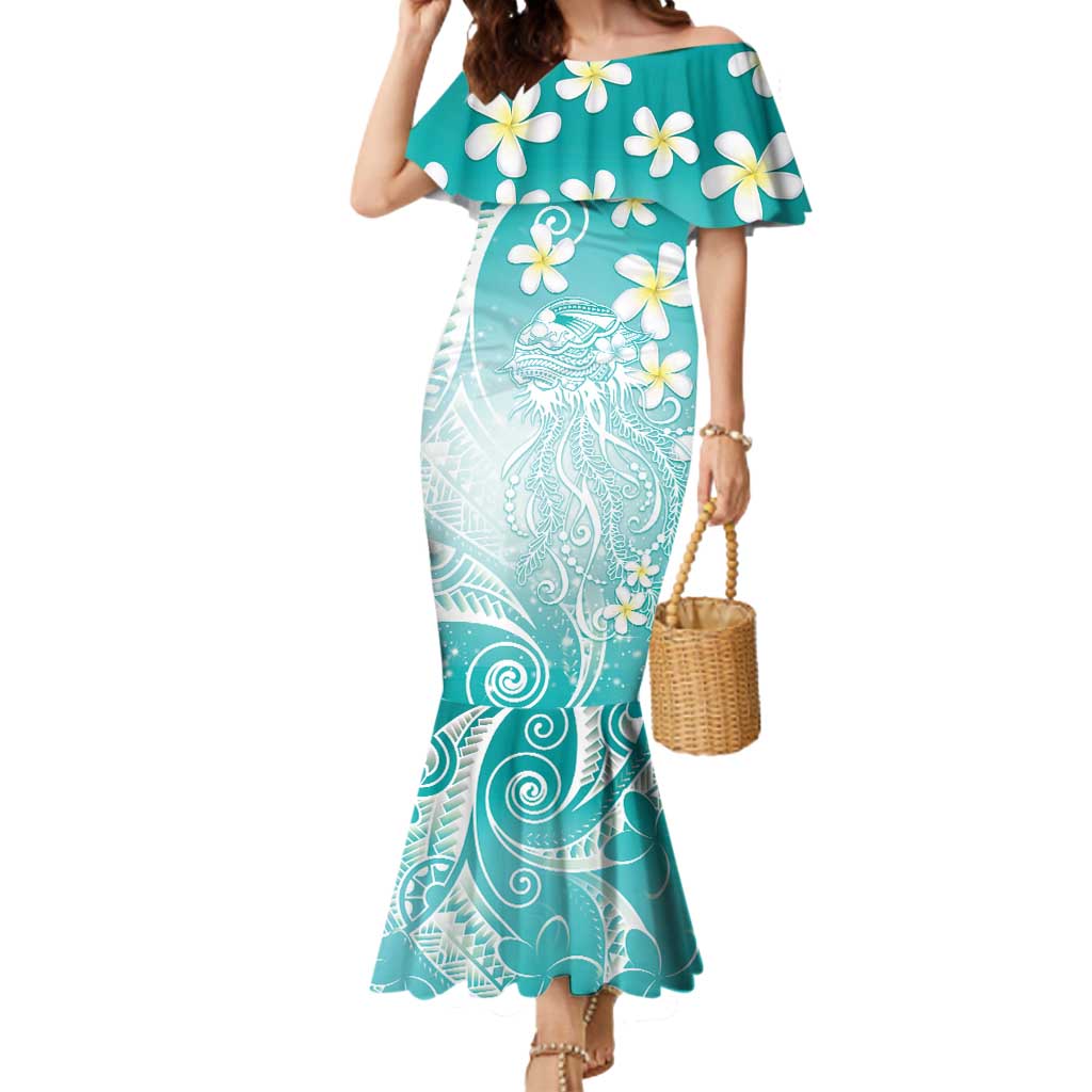 Polynesian Jellyfish Mermaid Dress With Plumeria Teal LT05 Women Teal - Polynesian Pride