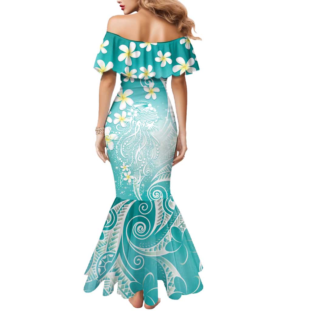 Polynesian Jellyfish Mermaid Dress With Plumeria Teal LT05 - Polynesian Pride
