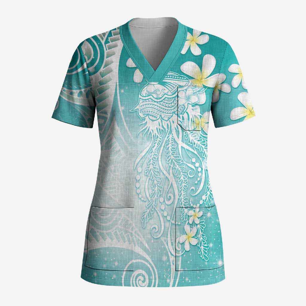 Polynesian Jellyfish Scrub Top With Plumeria Teal