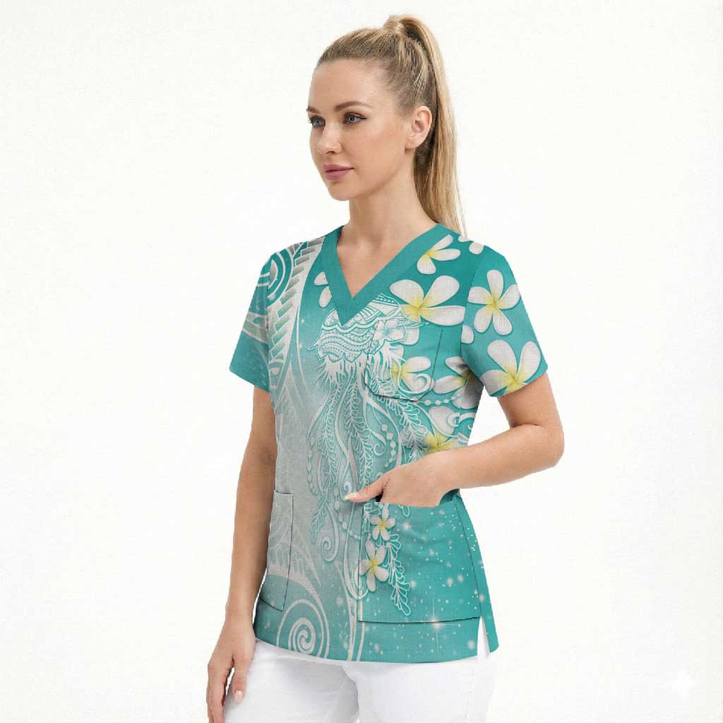 Polynesian Jellyfish Scrub Top With Plumeria Teal