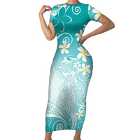 Polynesian Jellyfish Short Sleeve Bodycon Dress With Plumeria Teal LT05 Long Dress Teal - Polynesian Pride
