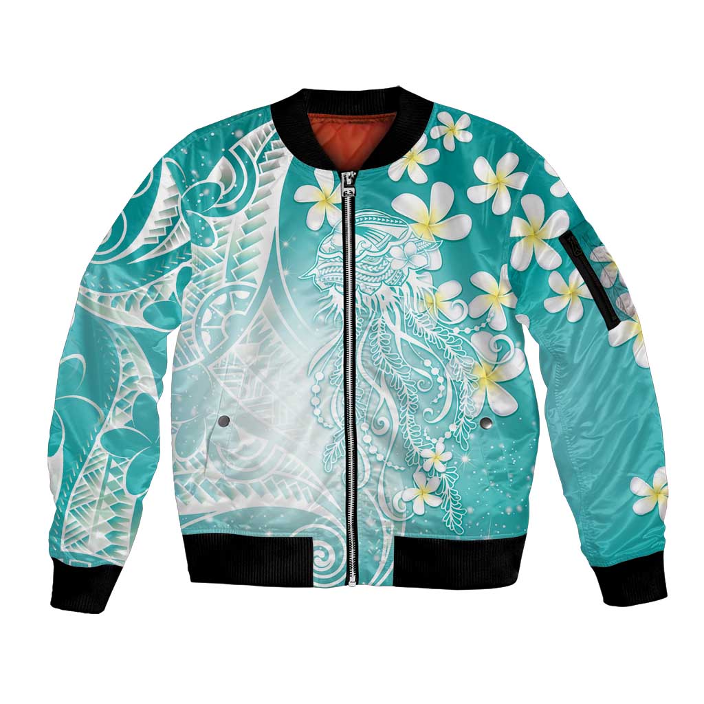 Polynesian Jellyfish Sleeve Zip Bomber Jacket With Plumeria Teal