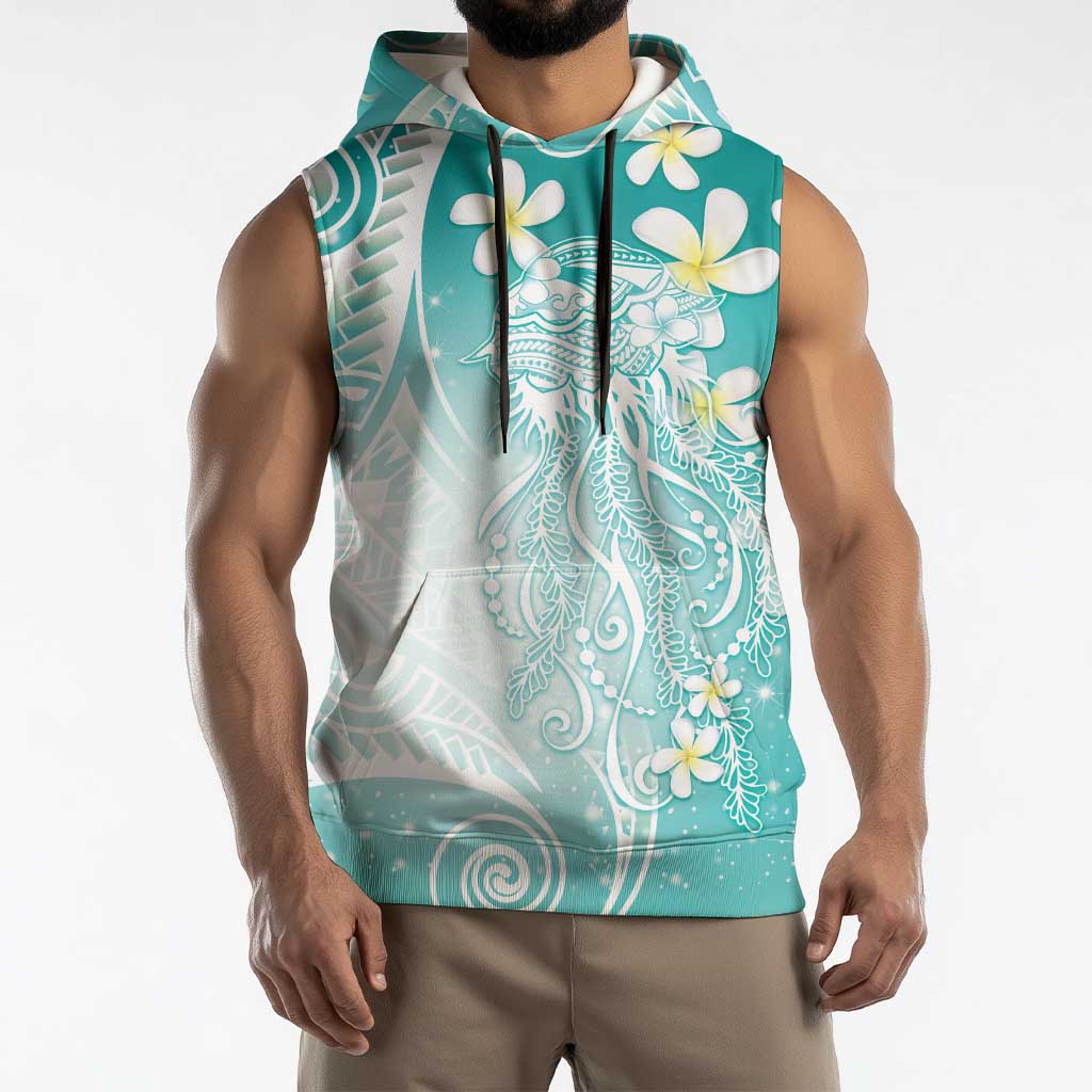 Polynesian Jellyfish Sleeveless Hoodie With Plumeria Teal