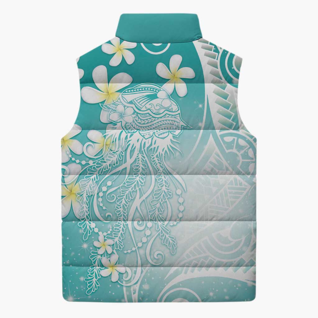 Polynesian Jellyfish Sleeveless Puffer Jacket With Plumeria Teal