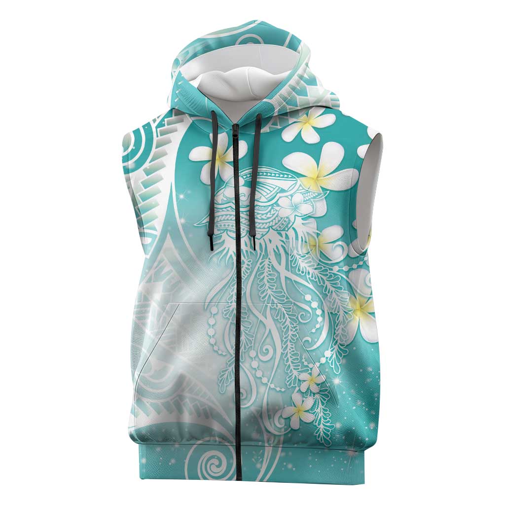 Polynesian Jellyfish Sleeveless Zip Hoodie With Plumeria Teal LT05 Teal - Polynesian Pride