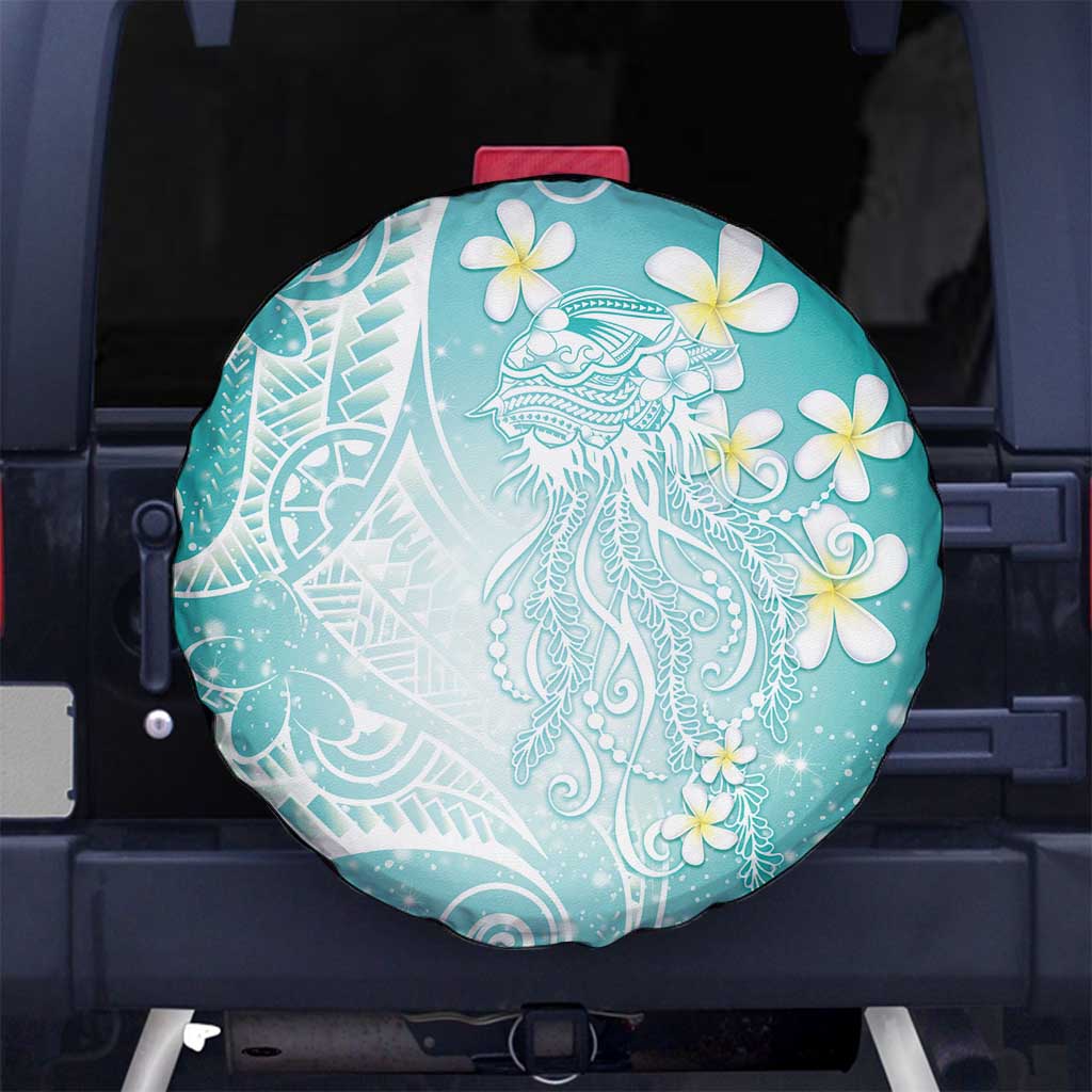 Polynesian Jellyfish Spare Tire Cover With Plumeria Teal LT05 No hole Teal - Polynesian Pride