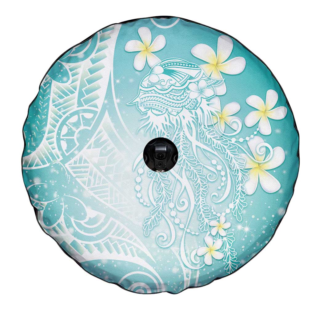 Polynesian Jellyfish Spare Tire Cover With Plumeria Teal LT05 - Polynesian Pride