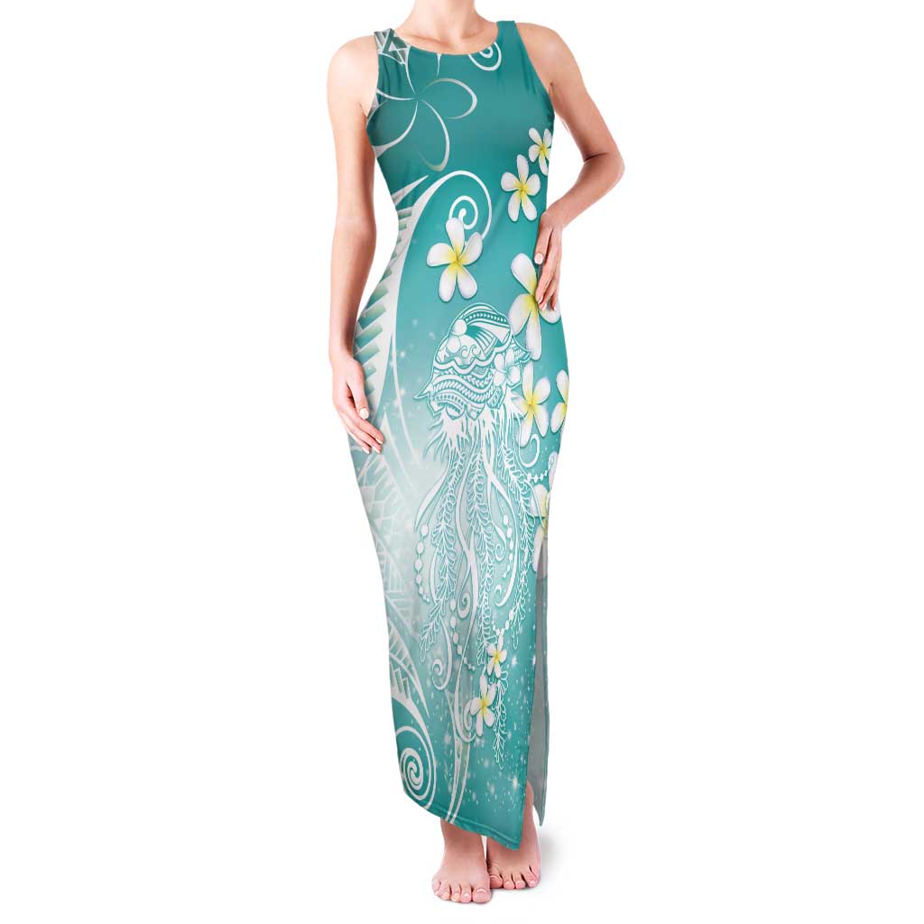 Polynesian Jellyfish Tank Maxi Dress With Plumeria Teal