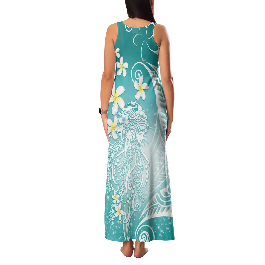 Polynesian Jellyfish Tank Maxi Dress With Plumeria Teal