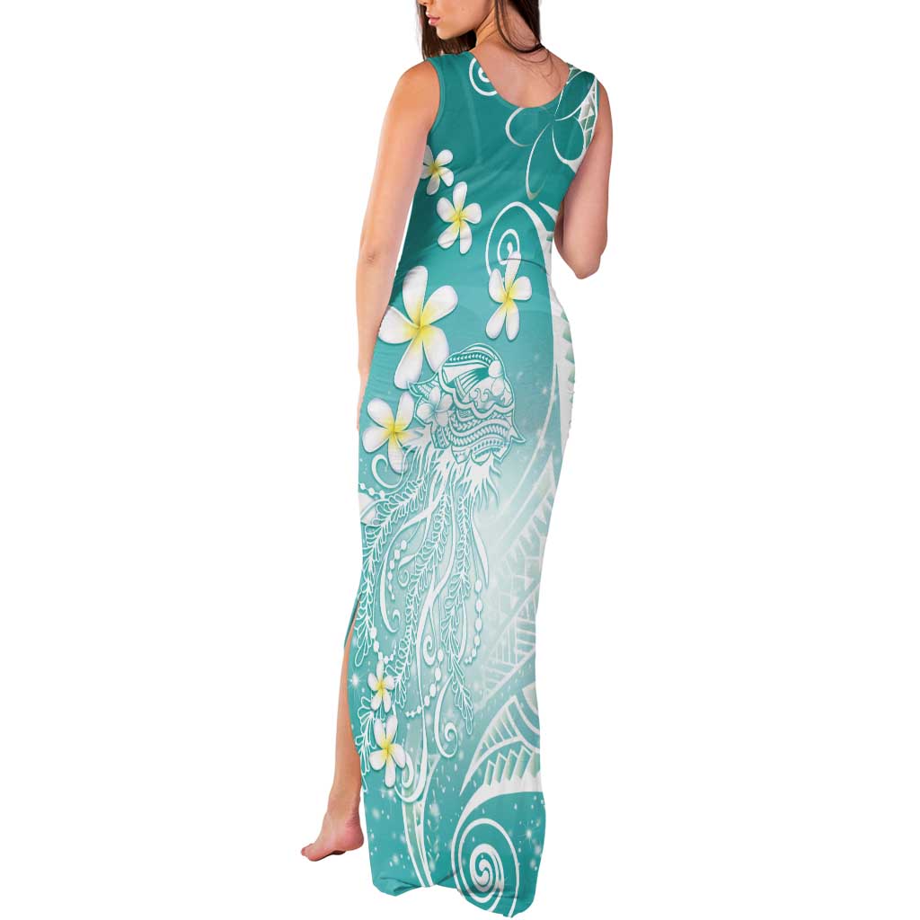 Polynesian Jellyfish Tank Maxi Dress With Plumeria Teal