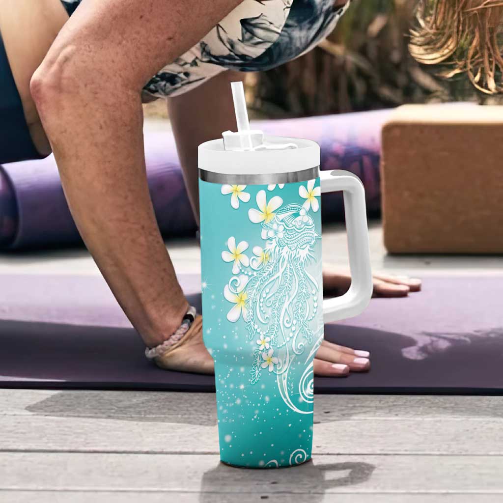 Polynesian Jellyfish Tumbler With Handle With Plumeria Teal