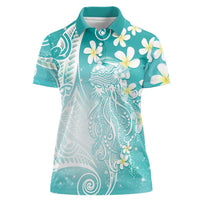 Polynesian Jellyfish Women Polo Shirt With Plumeria Teal LT05 Female Teal - Polynesian Pride