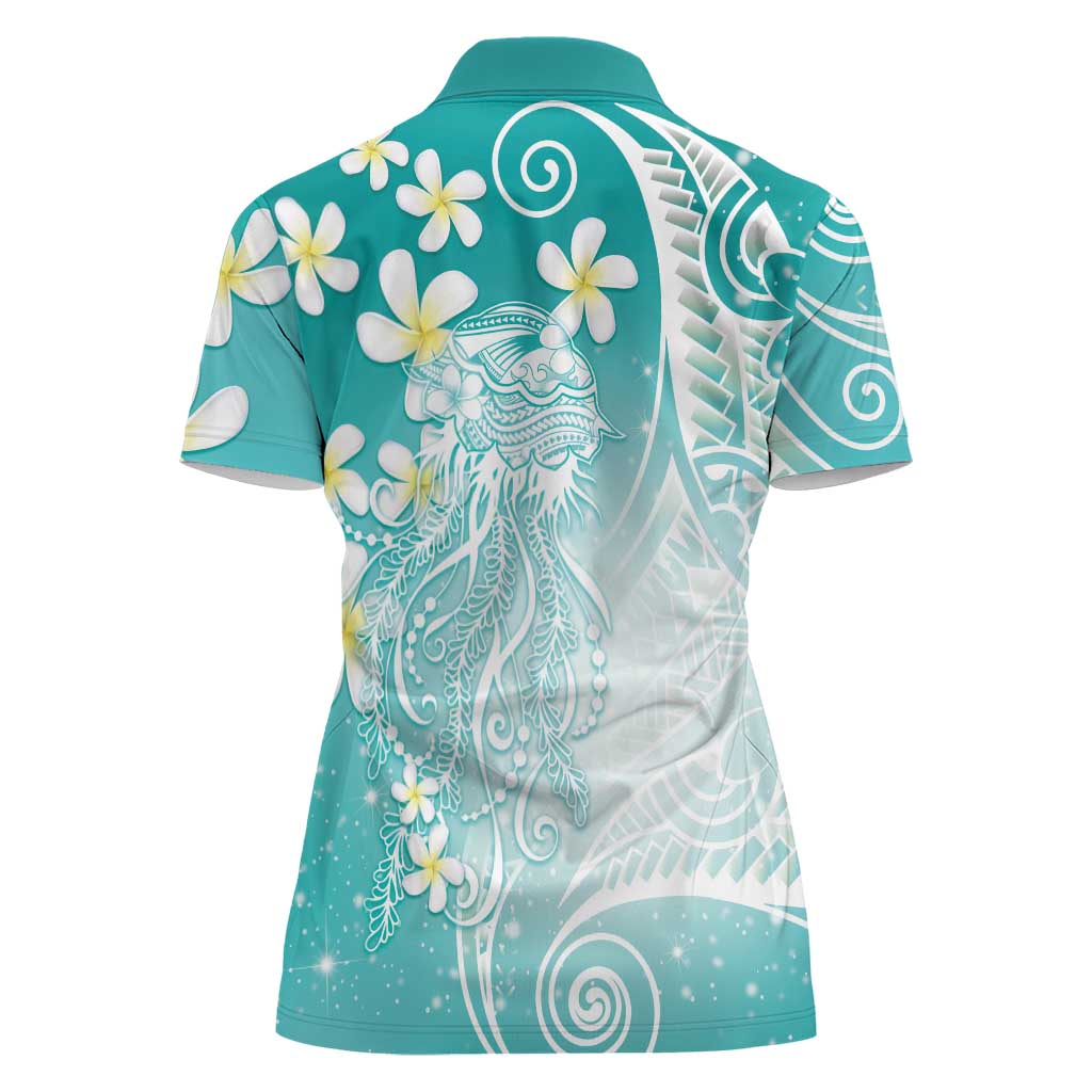 Polynesian Jellyfish Women Polo Shirt With Plumeria Teal LT05 - Polynesian Pride
