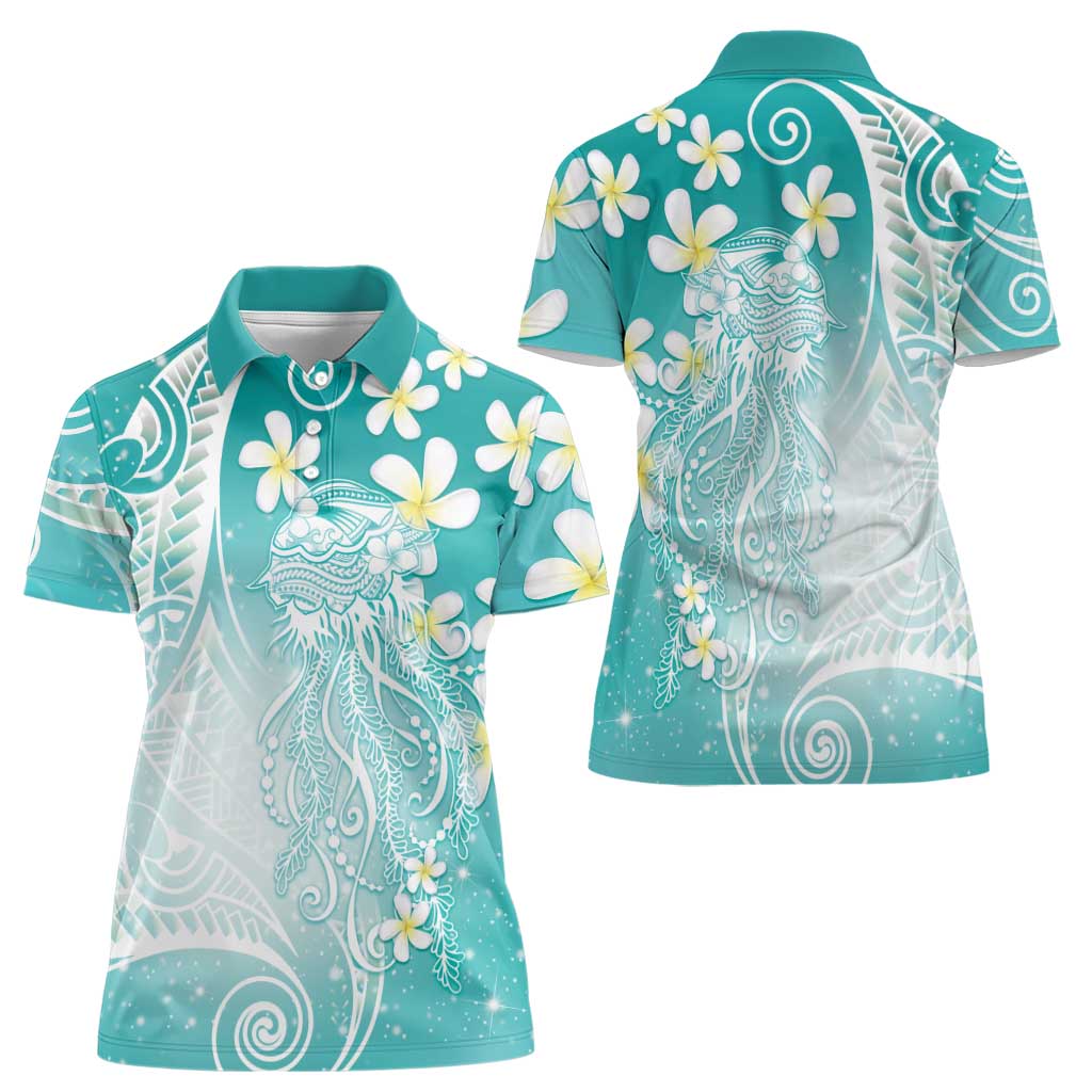 Polynesian Jellyfish Women Polo Shirt With Plumeria Teal LT05 - Polynesian Pride