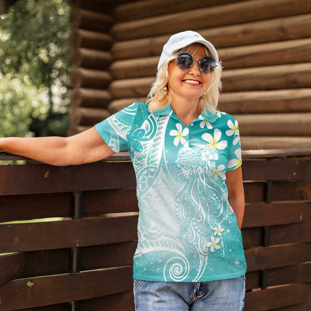 Polynesian Jellyfish Women Polo Shirt With Plumeria Teal LT05 - Polynesian Pride