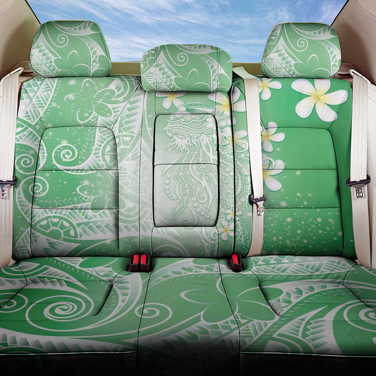 Polynesian Jellyfish Back Car Seat Cover With Plumeria Green