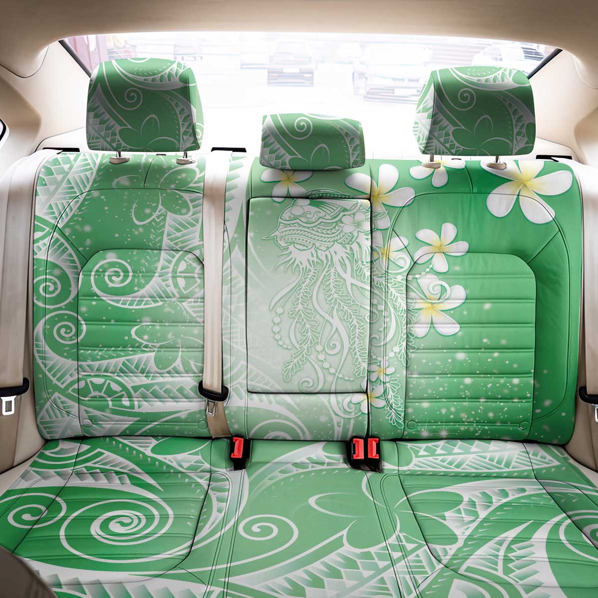 Polynesian Jellyfish Back Car Seat Cover With Plumeria Green
