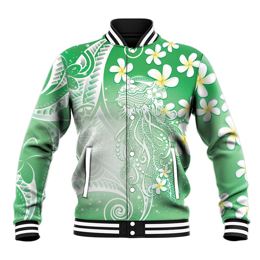 Polynesian Jellyfish Baseball Jacket With Plumeria Green