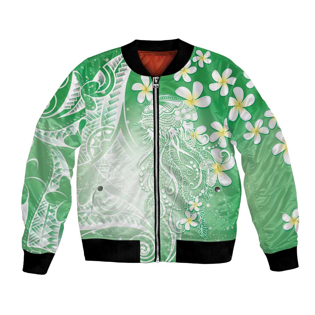 Polynesian Jellyfish Bomber Jacket With Plumeria Green