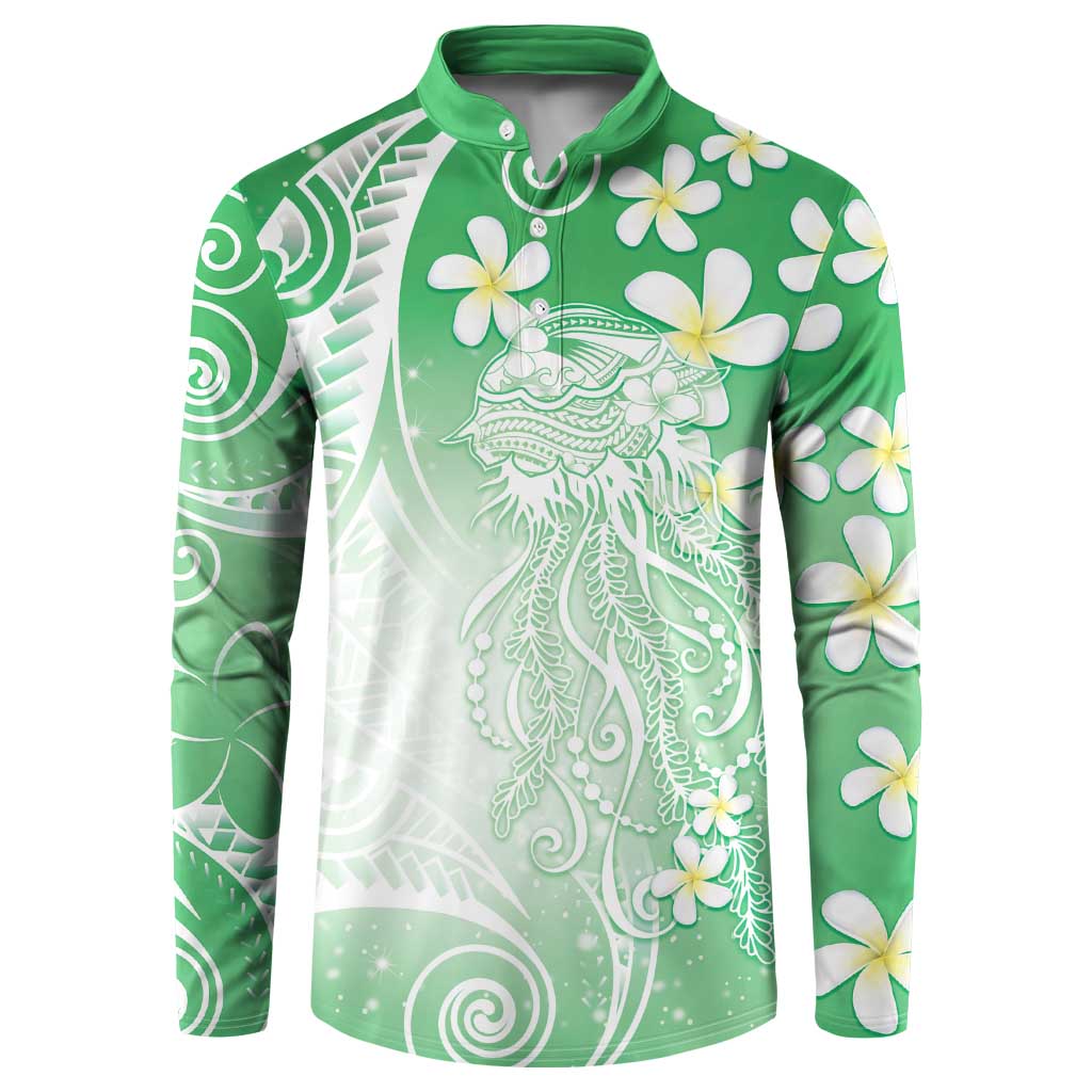 Polynesian Jellyfish Button Sweatshirt With Plumeria Green