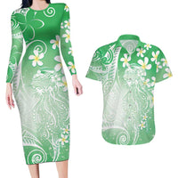 Polynesian Jellyfish Couples Matching Long Sleeve Bodycon Dress and Hawaiian Shirt With Plumeria Green