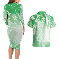 Polynesian Jellyfish Couples Matching Long Sleeve Bodycon Dress and Hawaiian Shirt With Plumeria Green