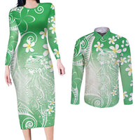 Polynesian Jellyfish Couples Matching Long Sleeve Bodycon Dress and Long Sleeve Button Shirt With Plumeria Green